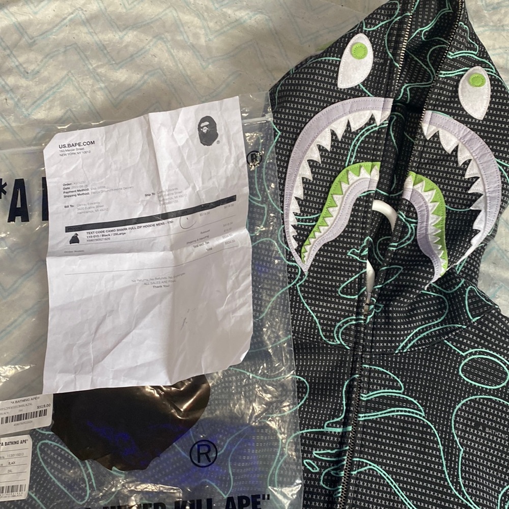 Bape text code Camo Shark hoodie